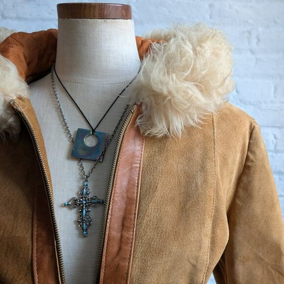 70s Vintage Orange Suede Penny Lane Jacket Groovy Shearling Leather Afghan Coat - Picture 5 of 11